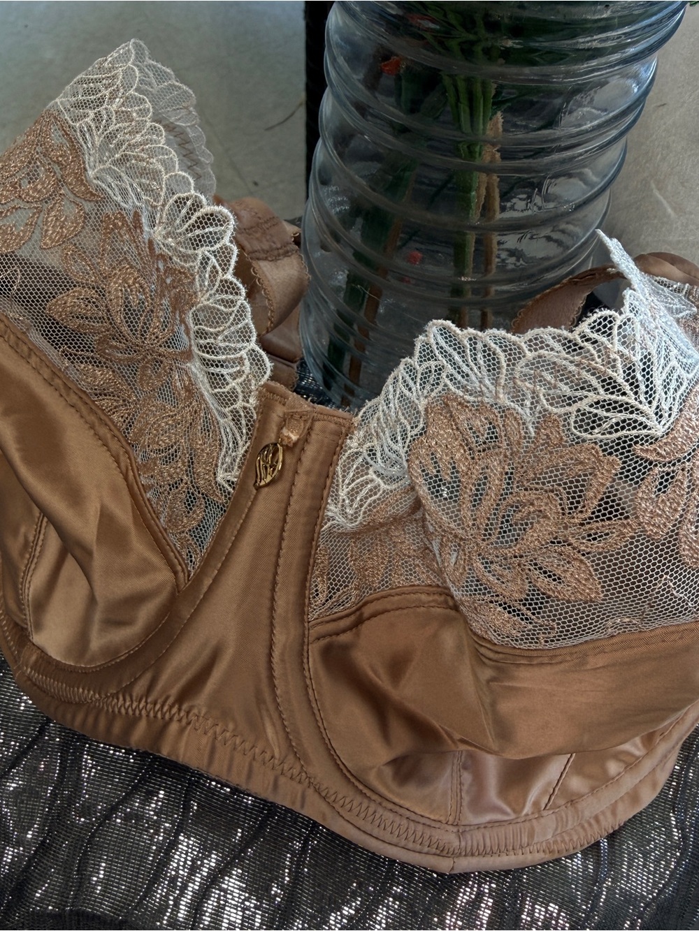 Wacoal Bronze Satin Bra with Ivory Lace Trim